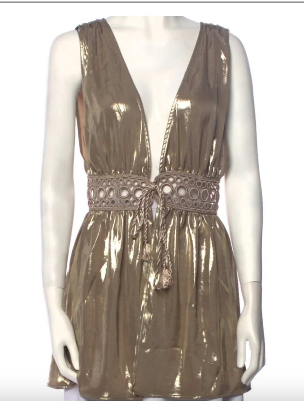 My Beach Side NWT Shimmery Gold  V-Neck Dress with Crochet Waist Tie